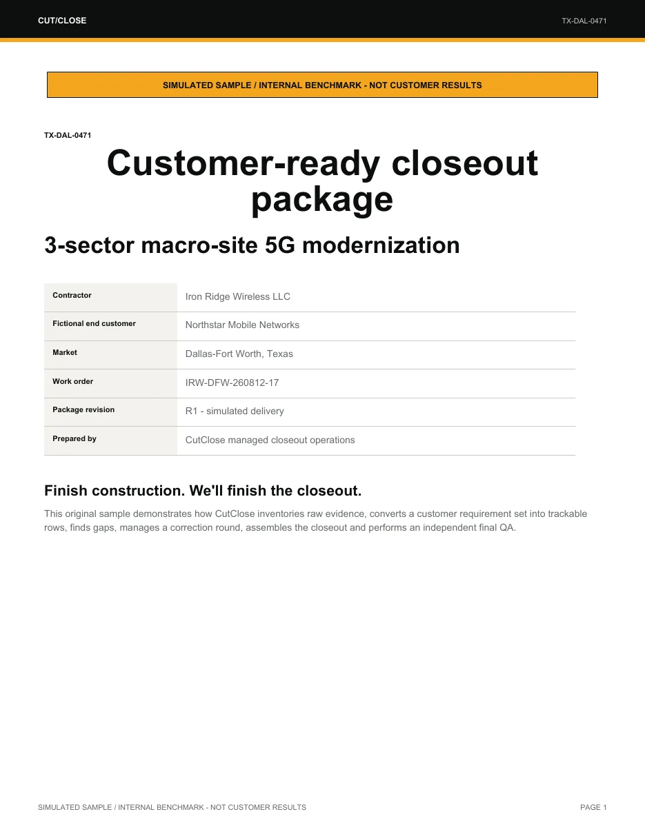 Cover page of the simulated TX-DAL-0471 closeout package