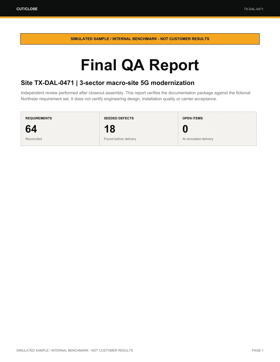 Cover of the CutClose simulated final QA report